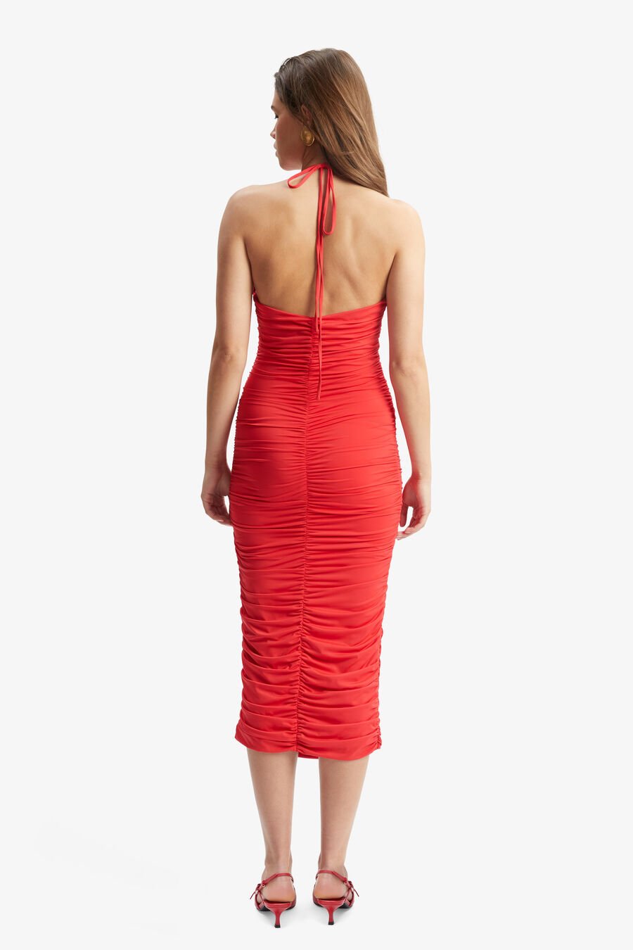 TISHA HALTER MIDI DRESS in colour FIRE RED