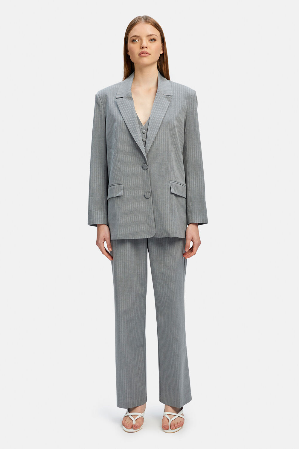 CALLISTA PIN STRIPE PANT in colour FROST GRAY