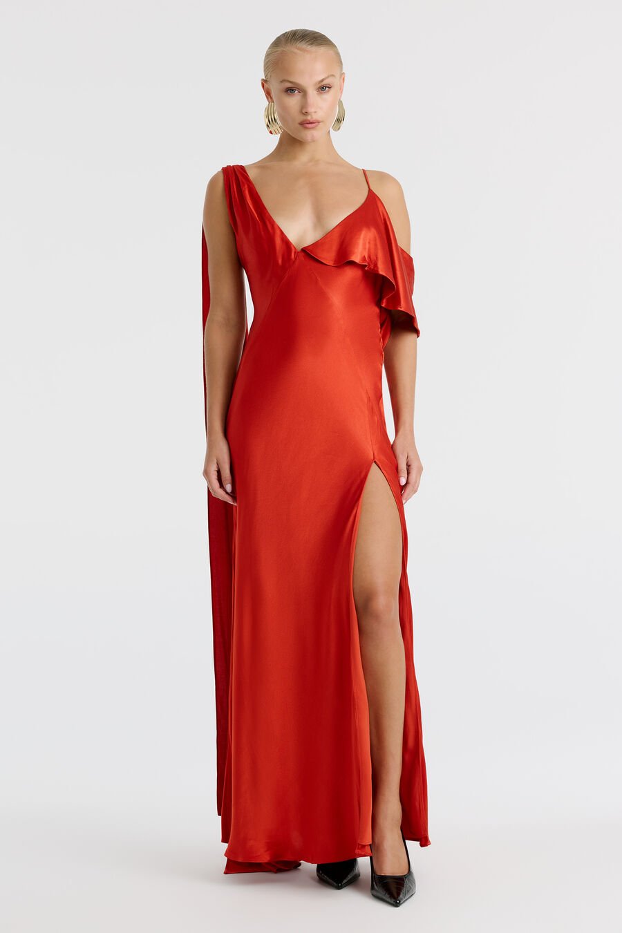 AGNES SATIN MAXI DRESS in colour Burnt Red