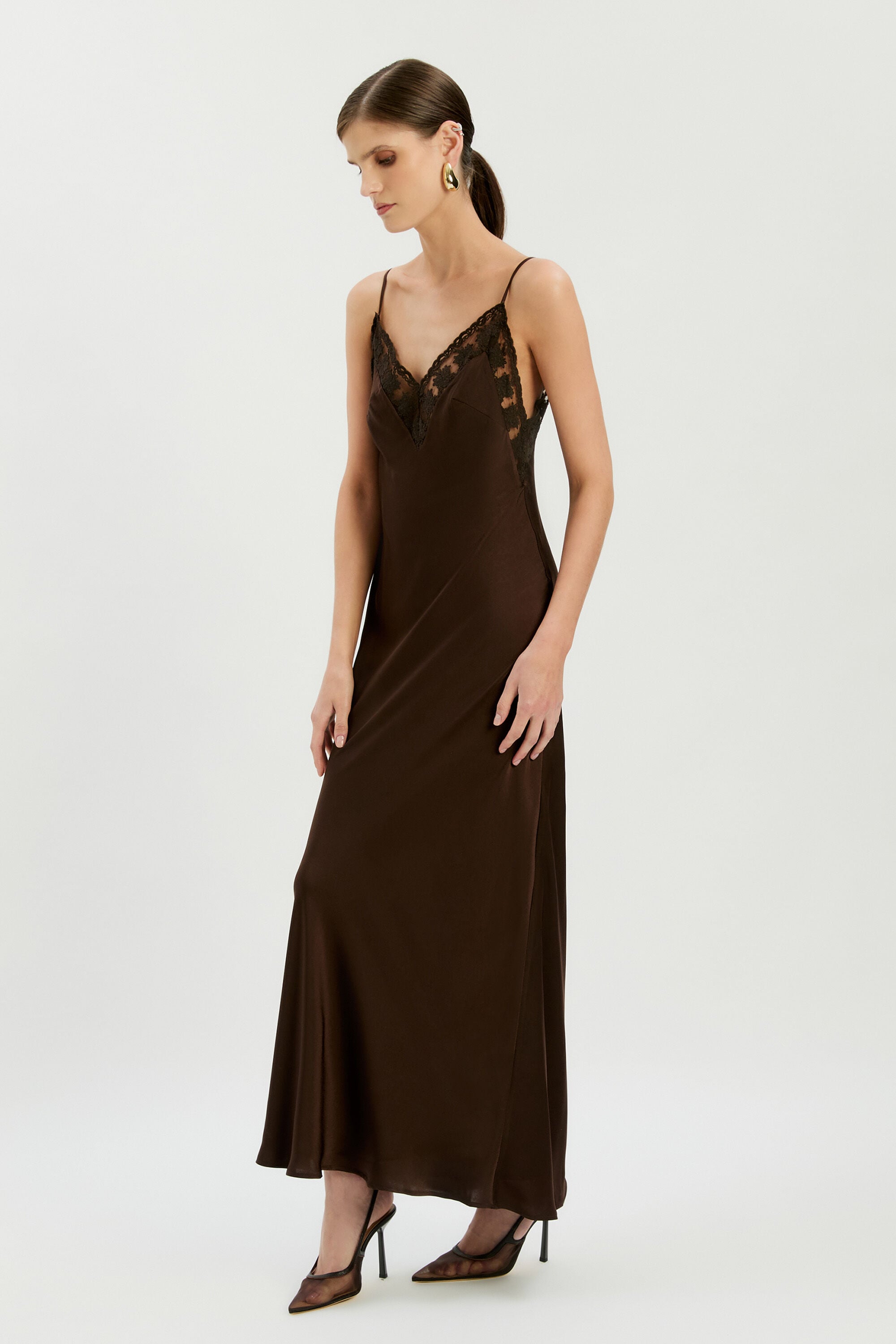 Bonita Lace Trim Maxi Dress In Dark Chocolate | Bardot Bonita Lace Trim Maxi Dress In Dark Chocolate | Bardot