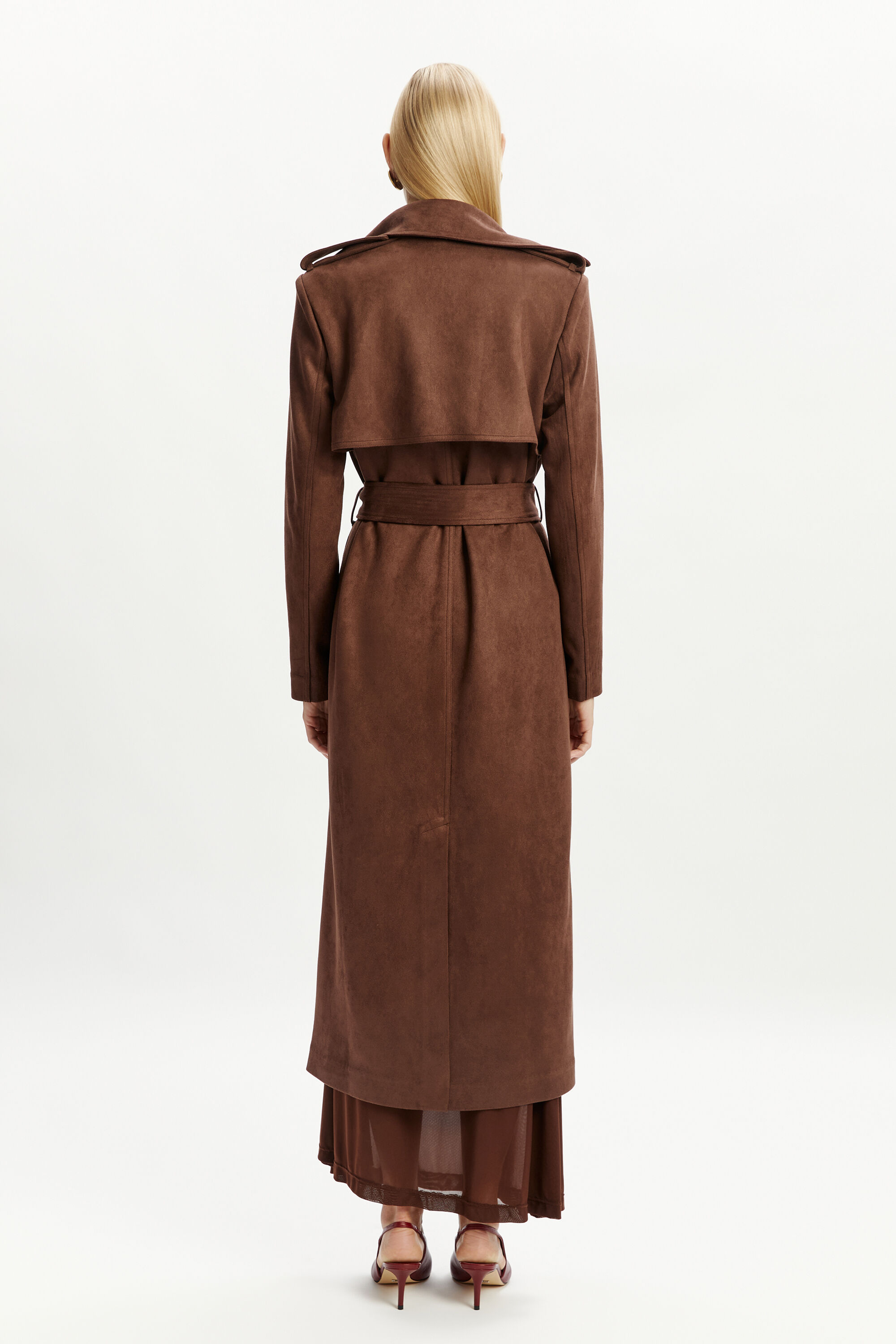 Kira Vegan Suede Trench Coat In Chocolate | Bardot