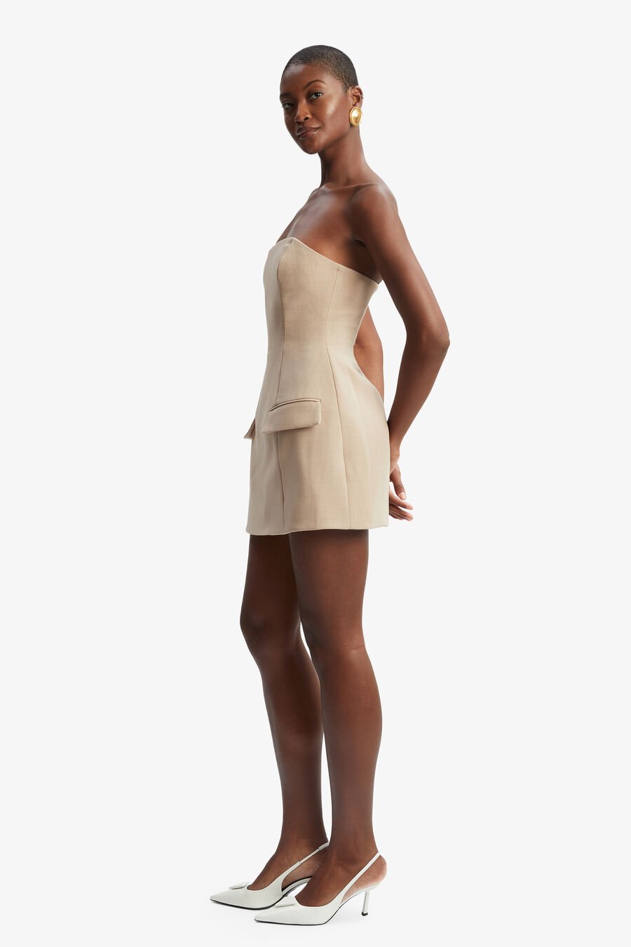 MADELINE HOUR GLASS MINI DRESS in colour TAN