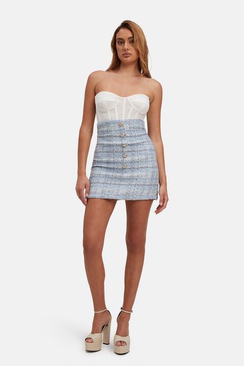 BOUCLE HIGH WAIST SKIRT in colour CERULEAN