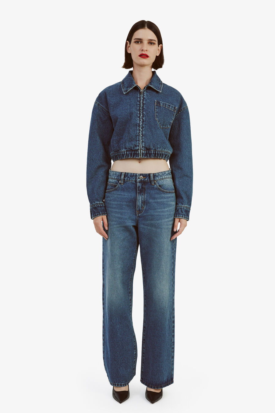 CROPPED BOMBER DENIM JACKET in colour WASHED INDIGO