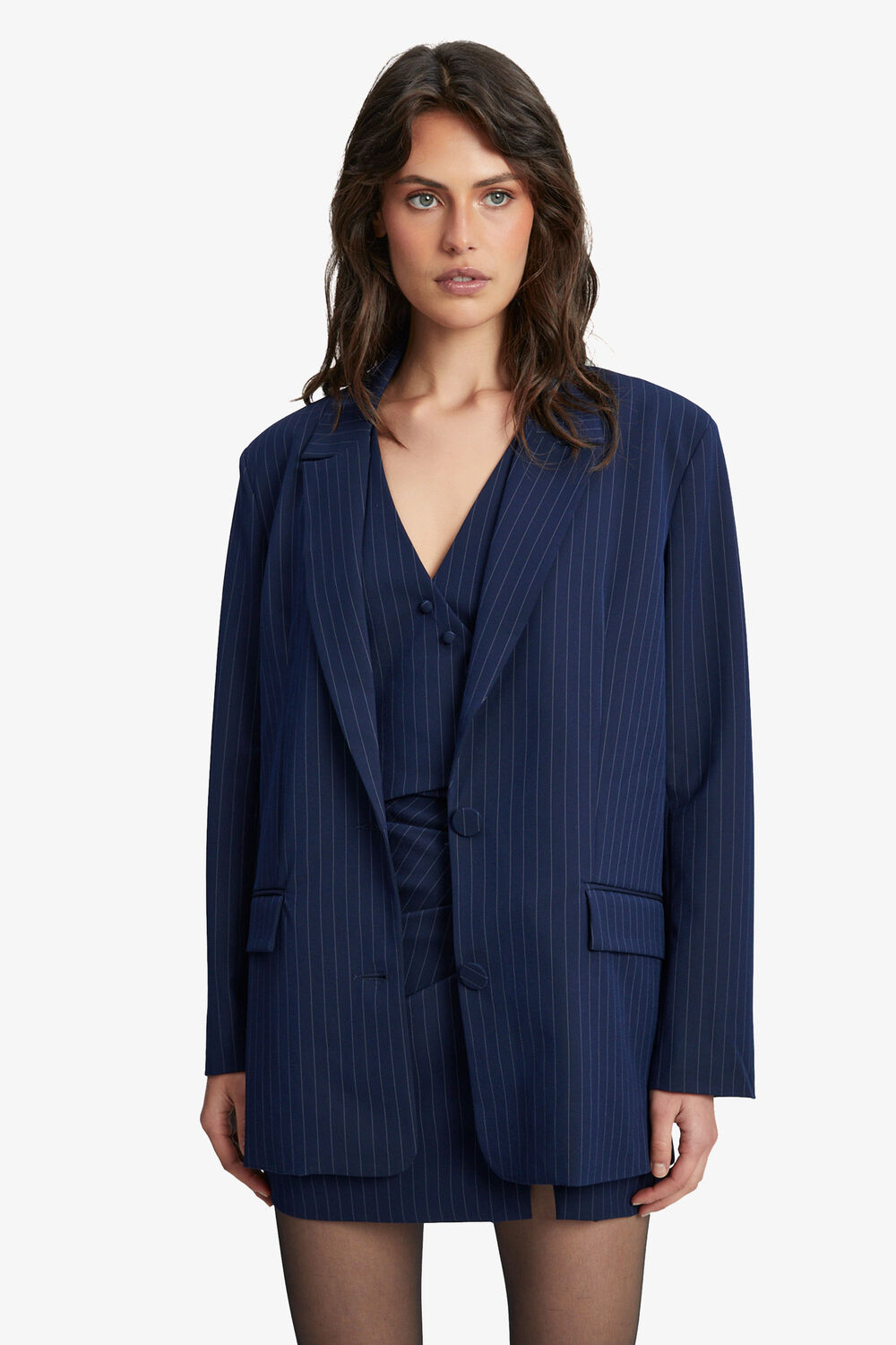 PIN STRIPE BLAZER IN NAVY STRIP in colour BLACK IRIS