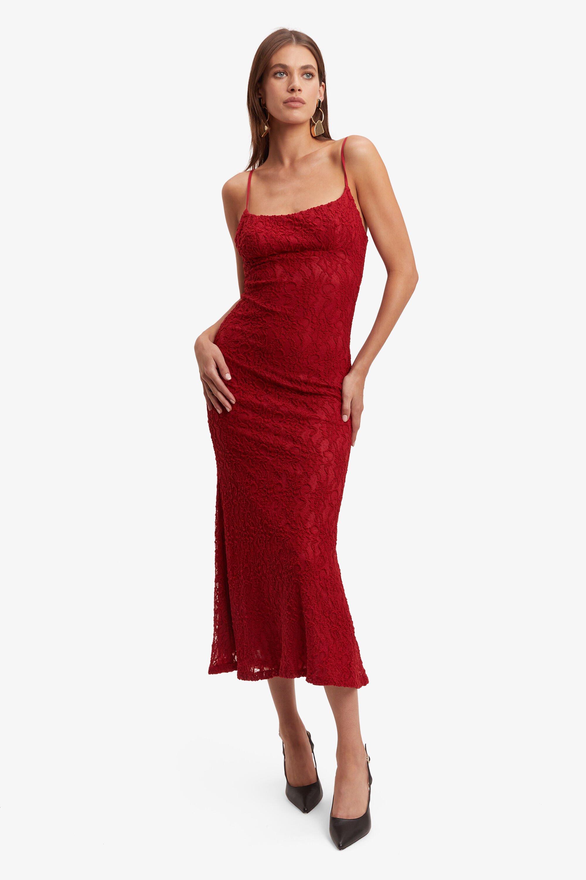 Ruby Lace Midi Dress In Red Bardot