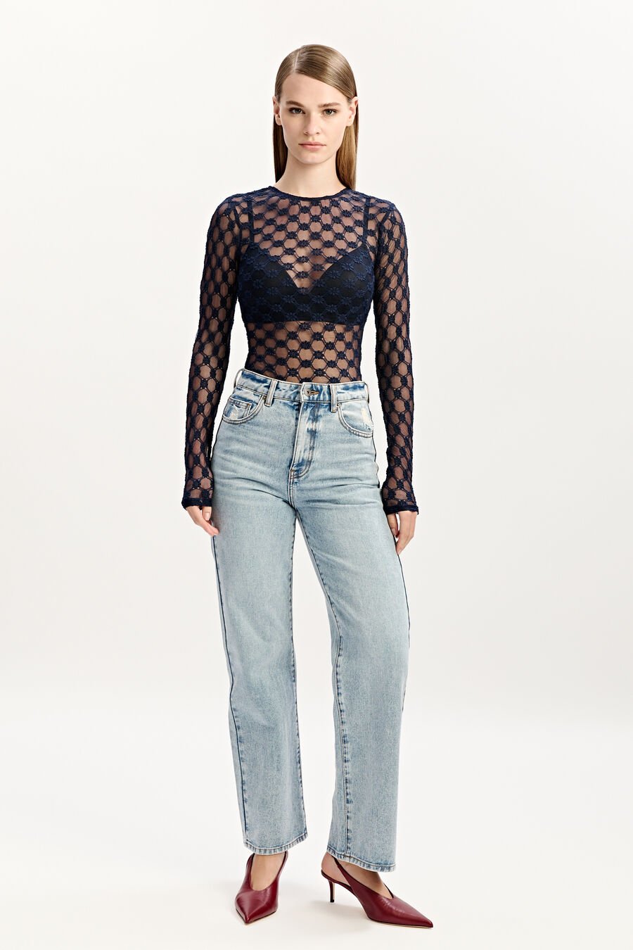 ADONI SHEER LONG SLEEVE TOP in colour NAVY