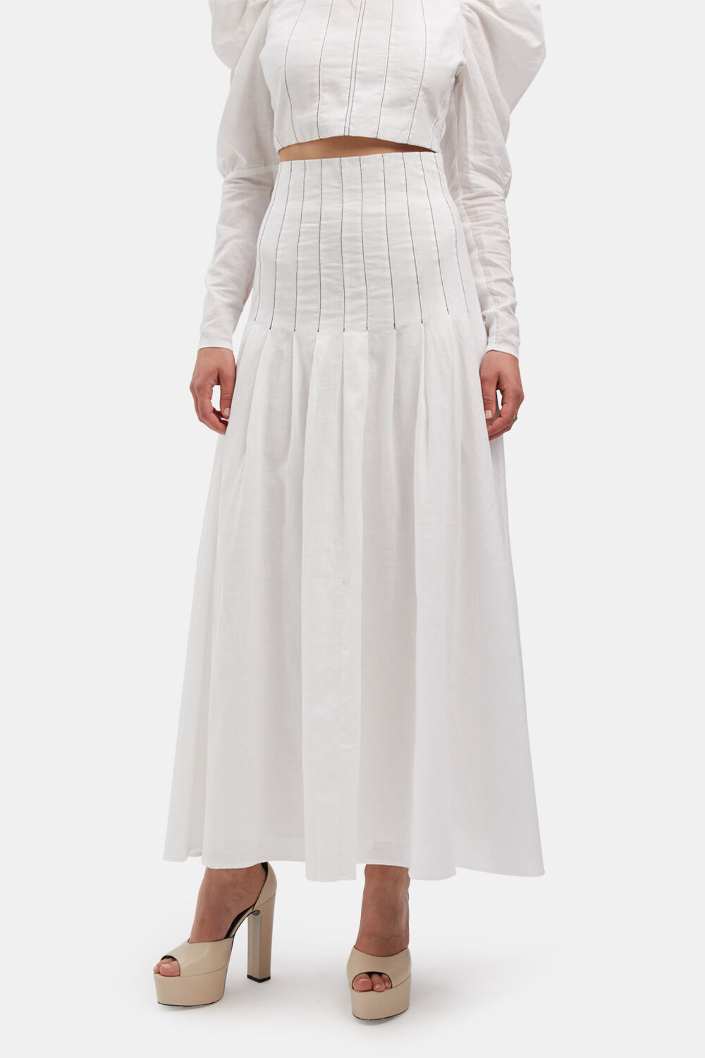 White midi skirt bardot top