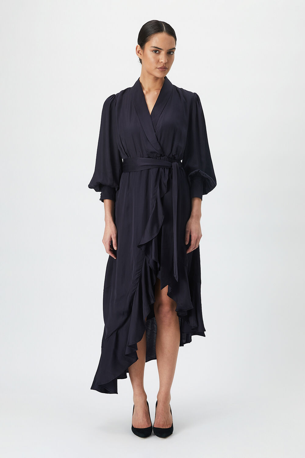 Aaliyah Wrap Midi Dress in Navy | Bardot