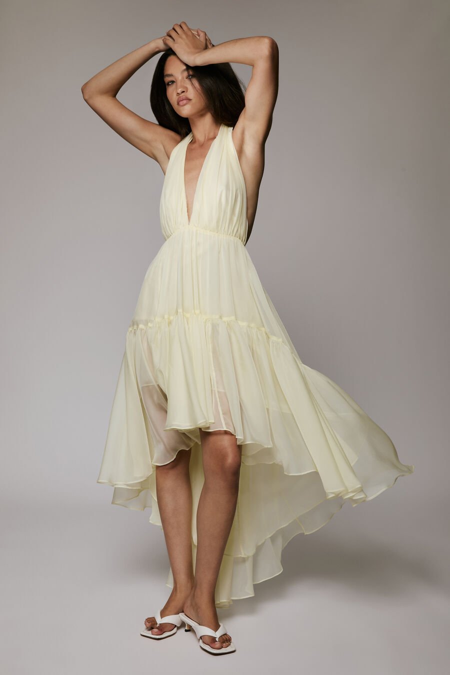 LEONA HIGH LOW RUFFLE DRESS in colour CANARY YLW