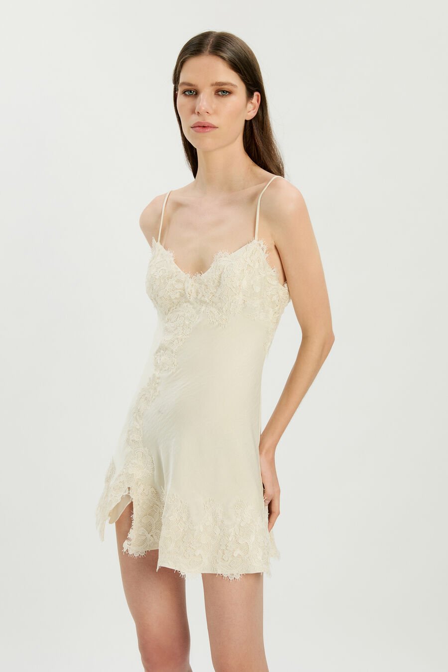 ALERIE LACE SATIN MINI DRESS in colour Ivory