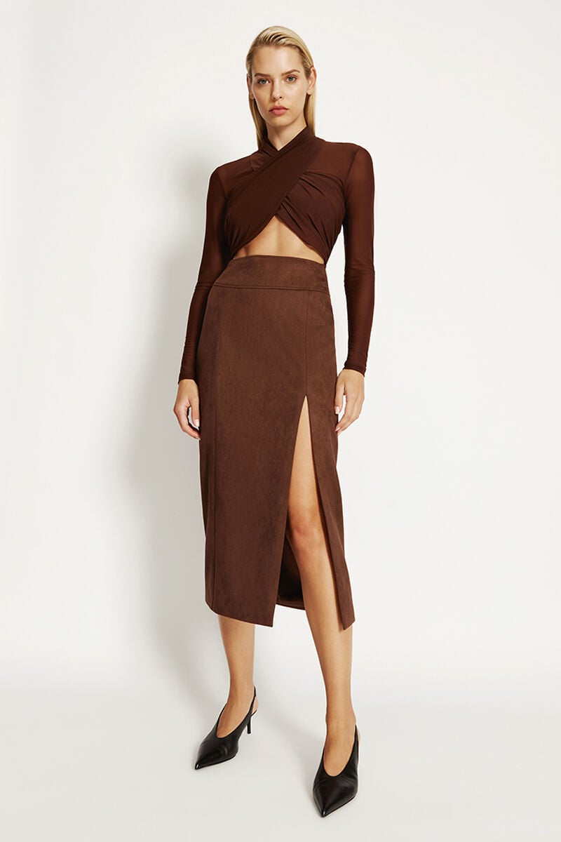 Dante Vegan Suede Midi Skirt In Chocolate | Bardot