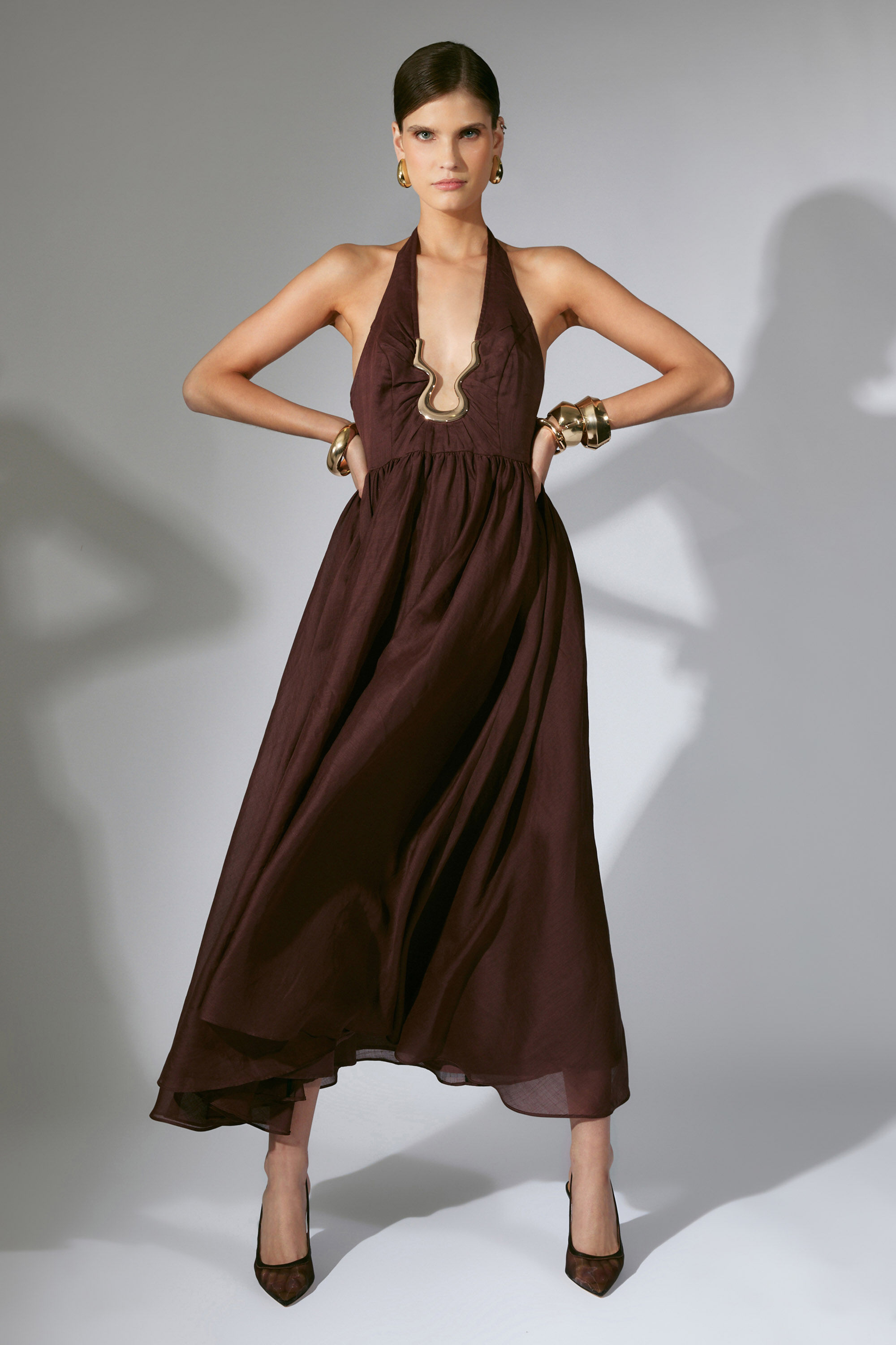 ramie backless halter dress Ruched Backless Halter Long Prom Dress with Slit Navy / Large