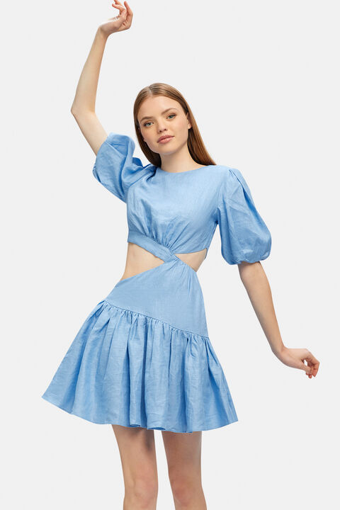 MIMI LINEN MINI DRESS in colour CERULEAN