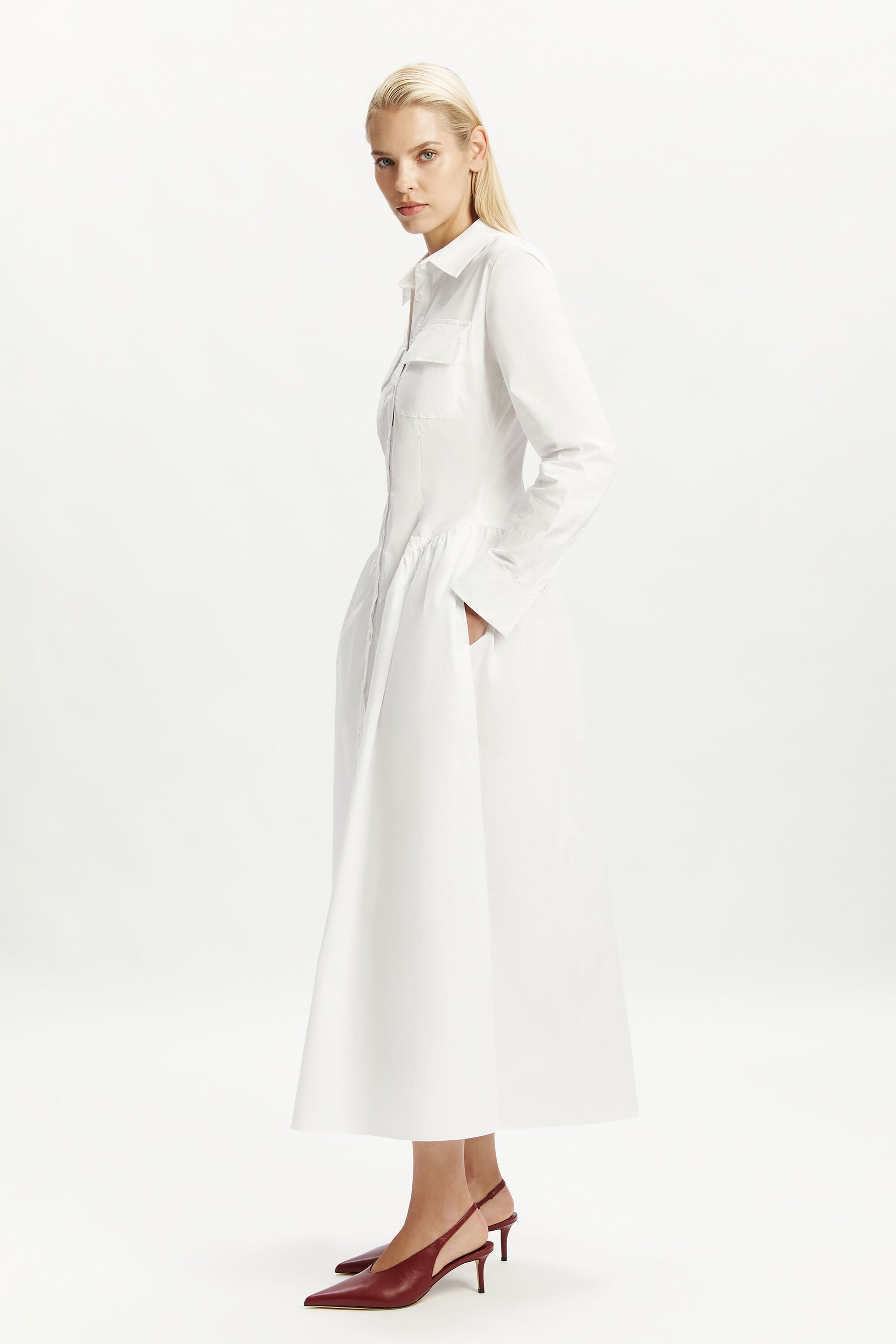 Agatha Fitted Shirt Dress In Orchid White | Bardot