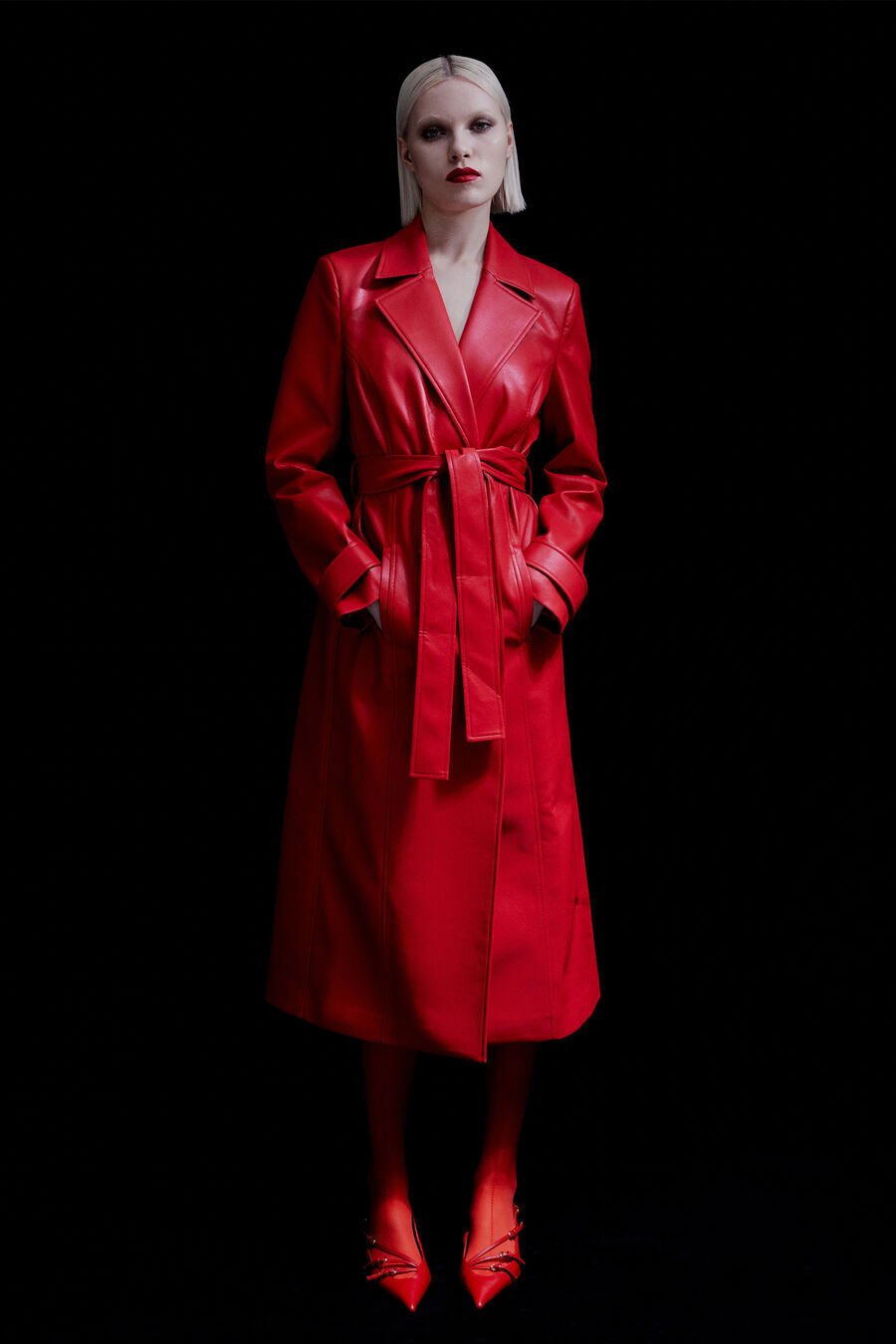 VEGAN LEATHER TRENCH COAT in colour FAMOUS RED
