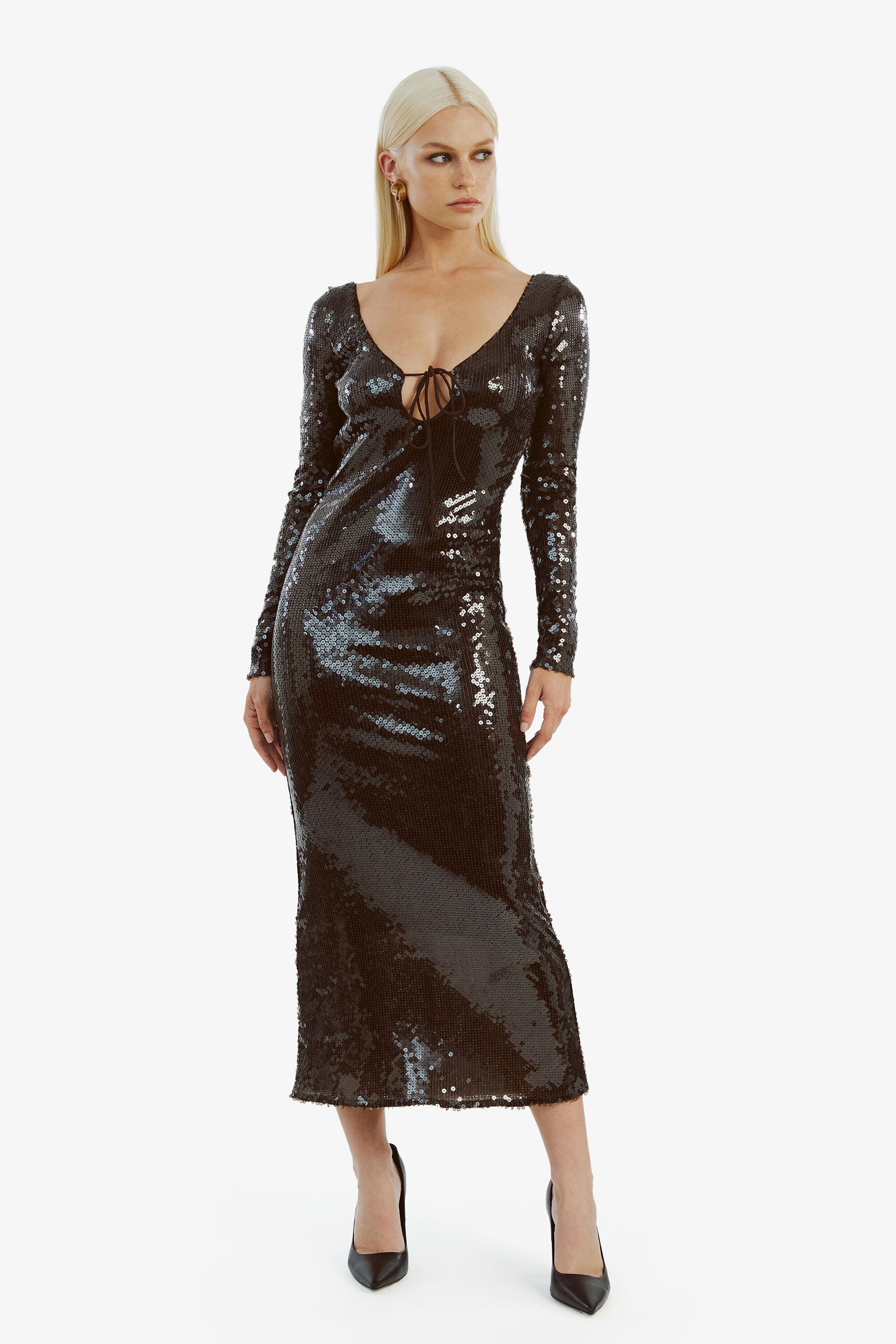 bardot verona long-sleeve sequin slim midi dress Verona Sequin Midi Dress In Dark Chocolate
