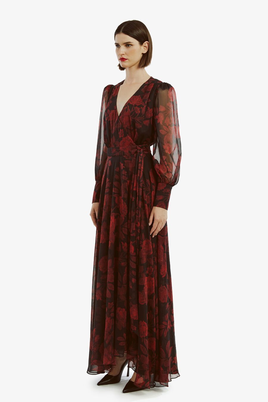 LUCIANNA MAXI WRAP DRESS in colour RED FLORAL