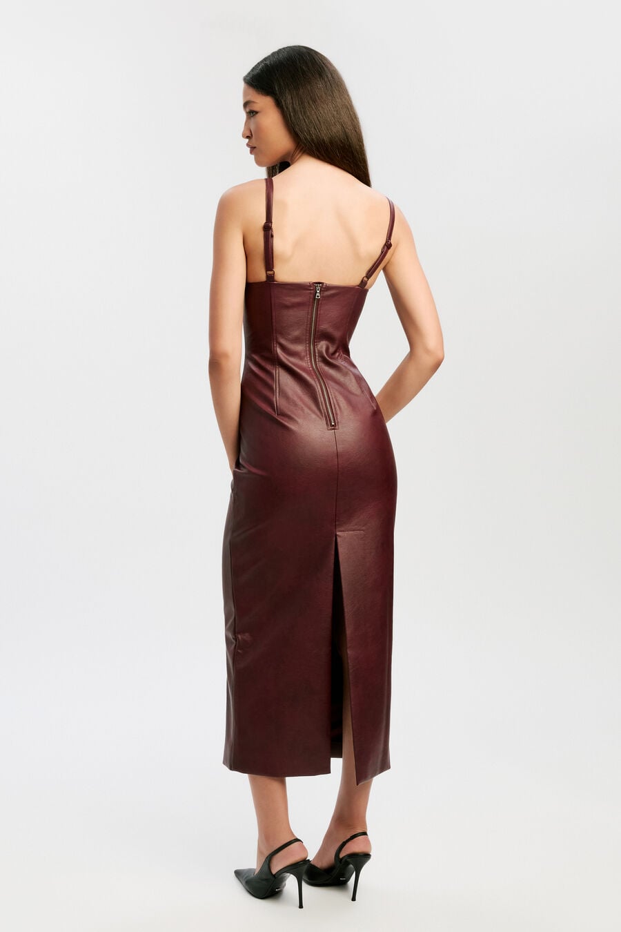 ESTINE VEGAN LEATHER DRESS in colour BURGUNDY