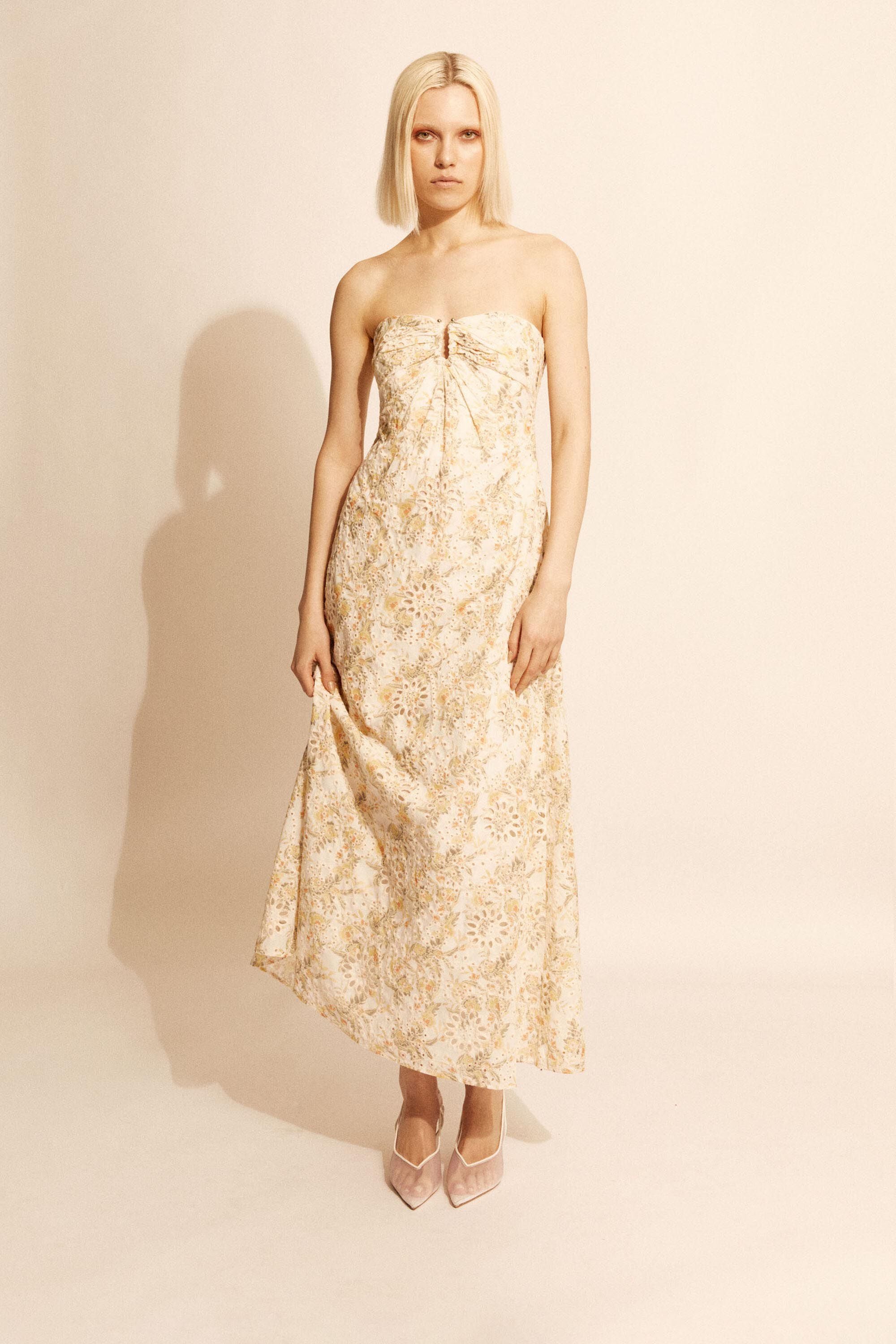 Lora Broderie Maxi Dress In Yellow Floral | Bardot