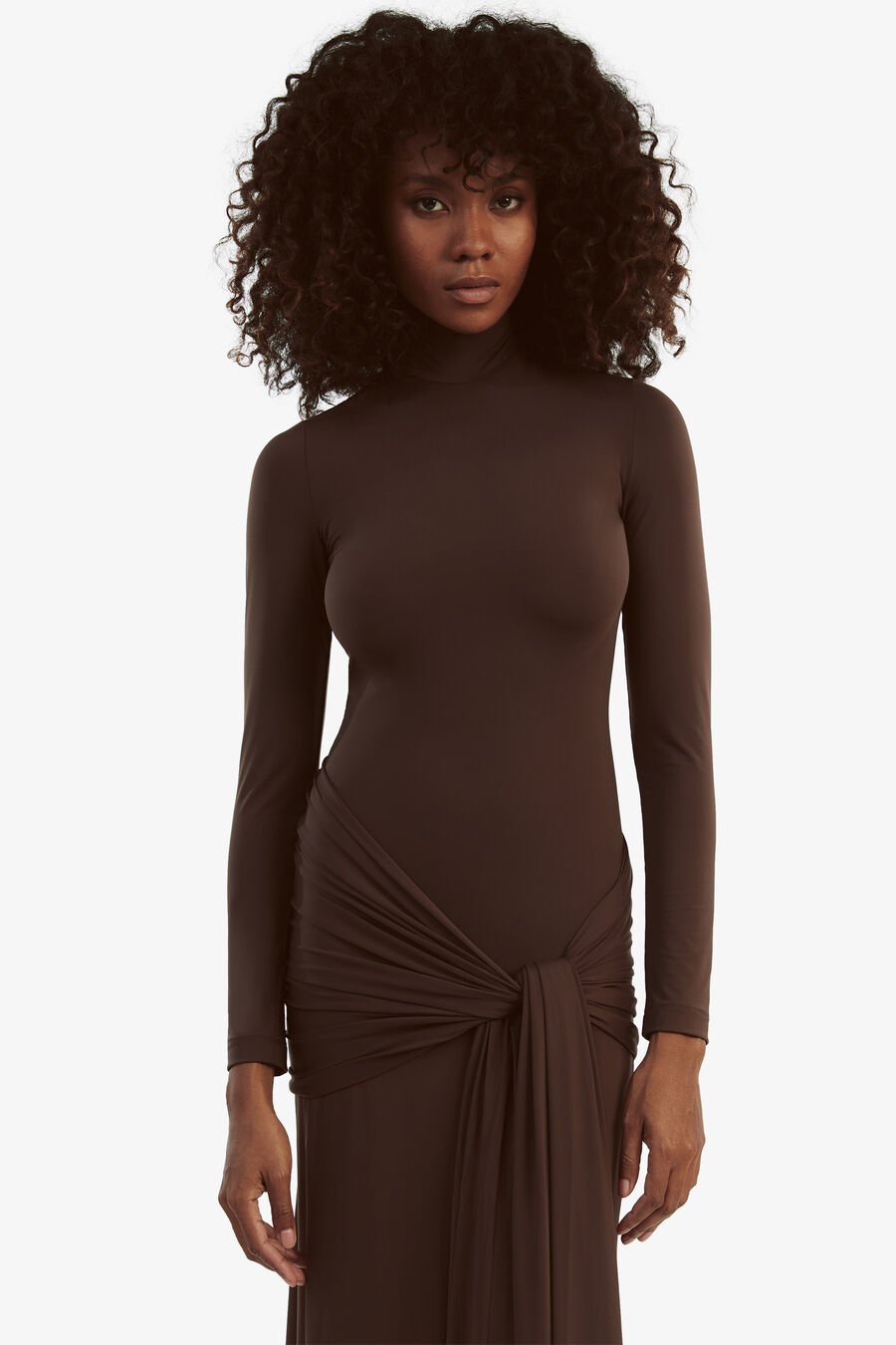 ALIX MAXI TIE FRONT DRESS in colour CHOCOLATE