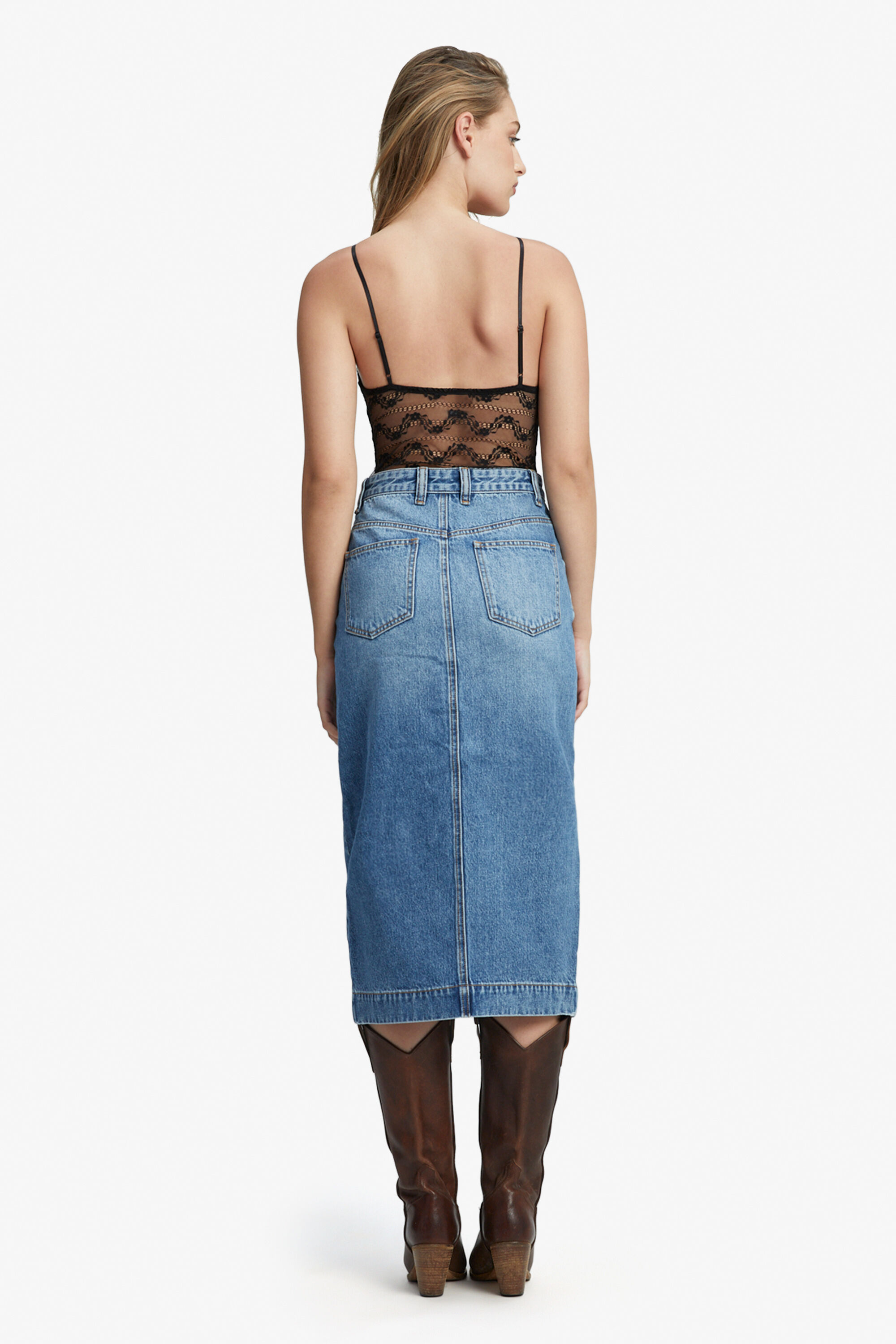 【BAON】Millery Wash Denim Midi Skirt Drop Hem Denim Midi Skirt - Spring Wash | Talbots