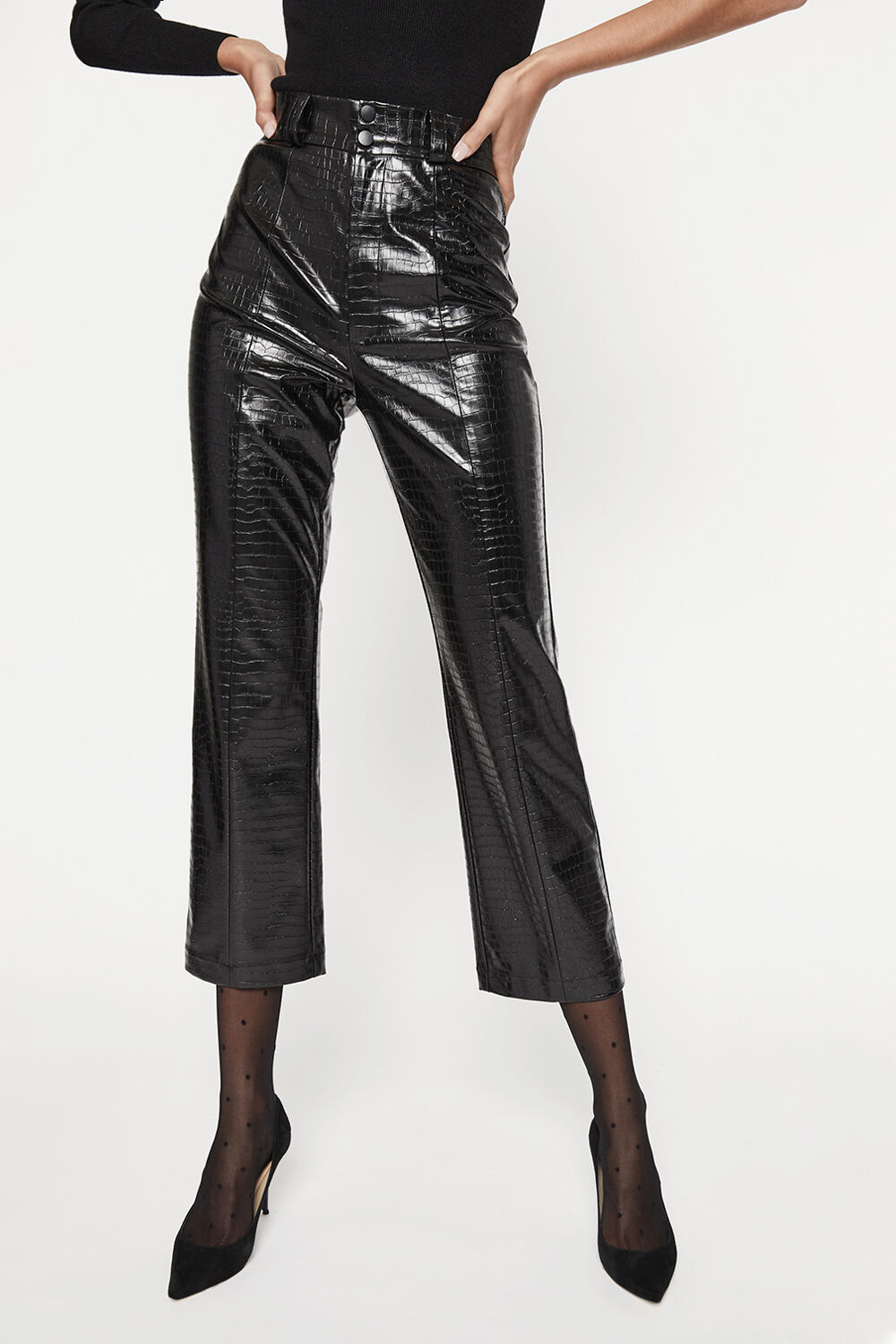 Black faux leather croc print trousers on sale