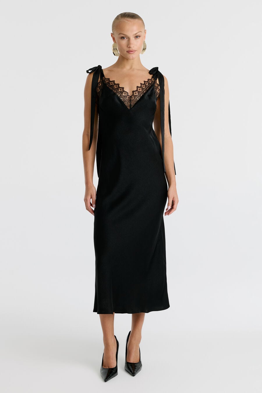 LYDIA TIE STRAP MIDI DRESS in colour Black