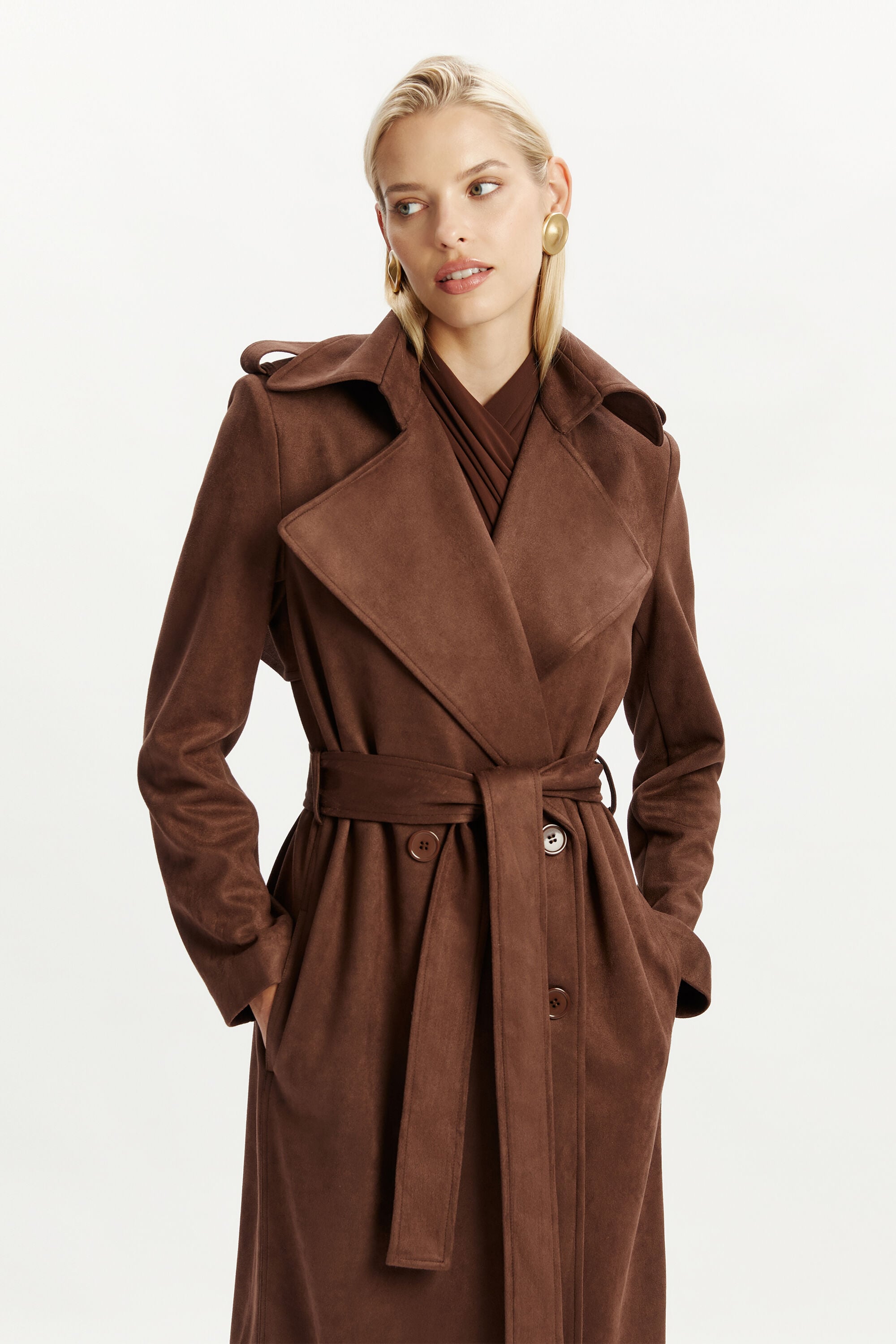 Kira Vegan Suede Trench Coat In Chocolate | Bardot