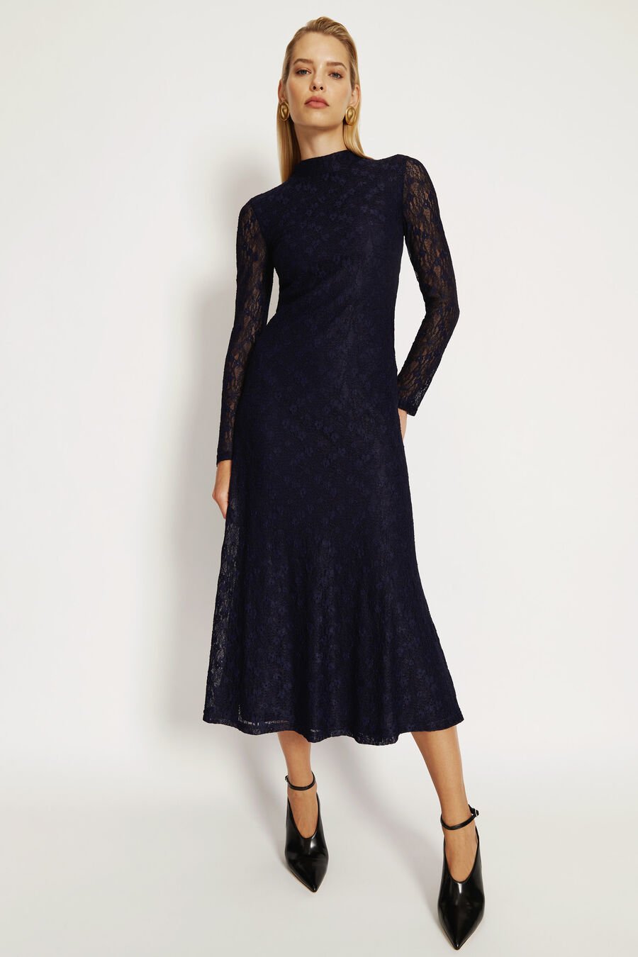 OLA LONG SLEEVE MIDI DRESS in colour NAVY