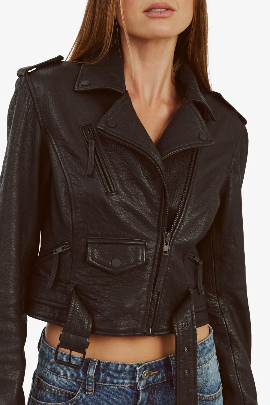 FITTED LEATHER BIKER JACKET in colour BLACK