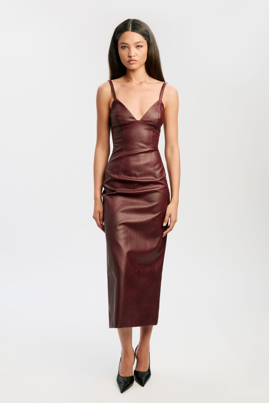 ESTINE VEGAN LEATHER DRESS in colour BURGUNDY