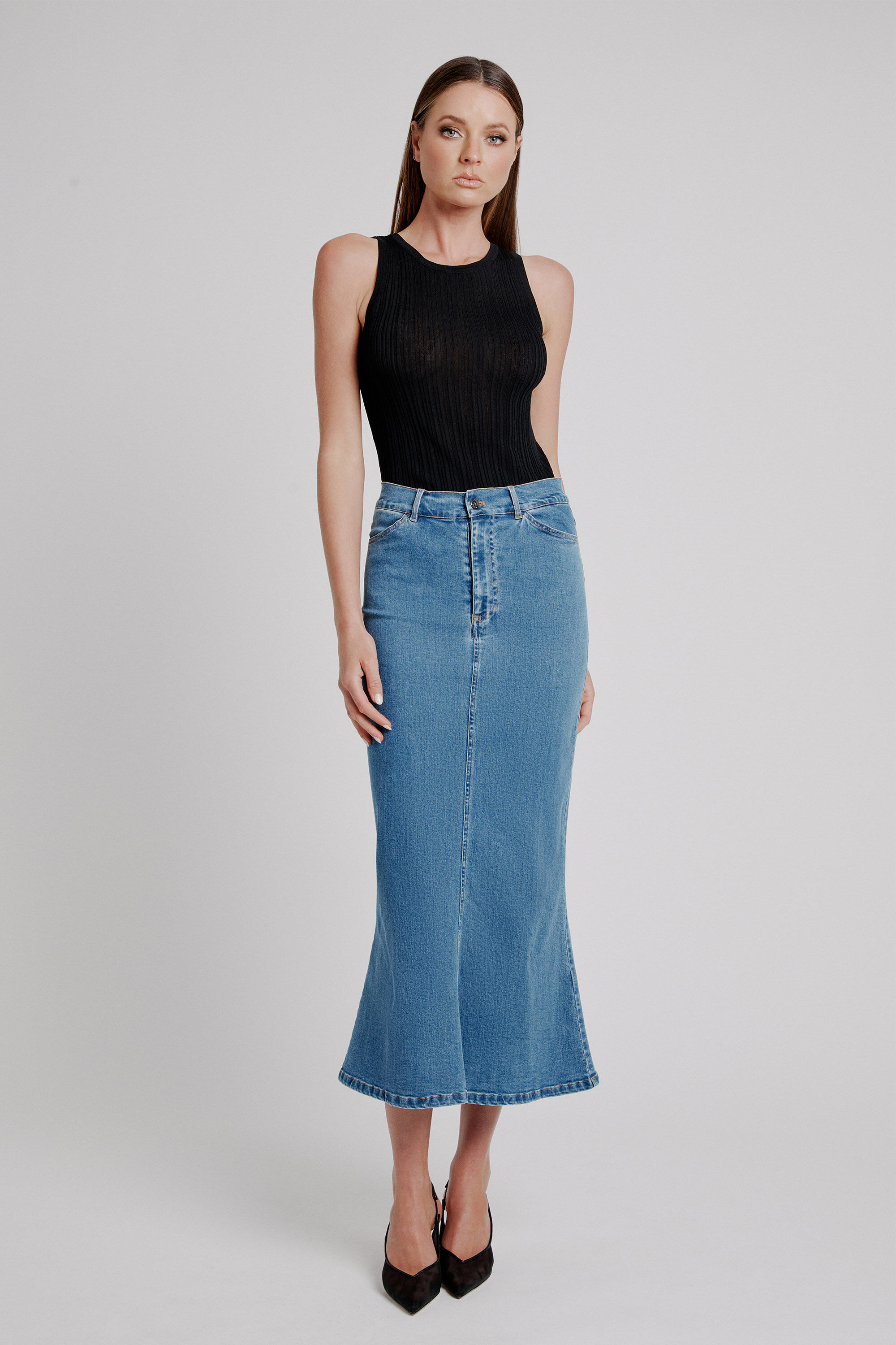 Denim skirt bardot top
