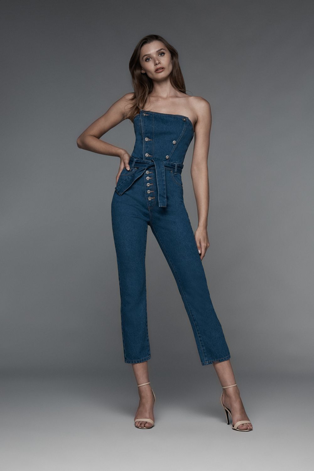 Denim bustier jumpsuit clearance