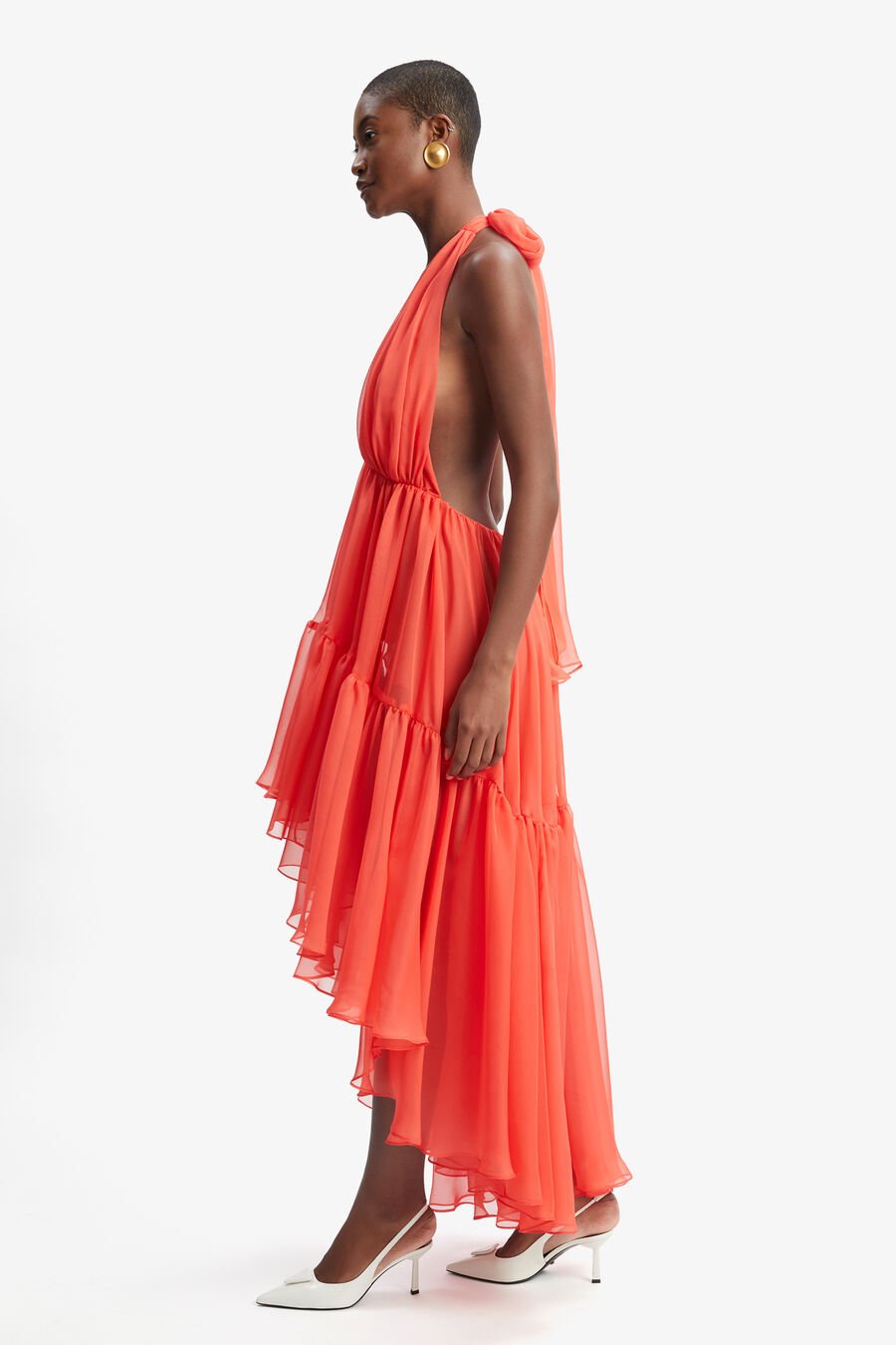 LEONA HIGH LOW RUFFLE DRESS in colour FIRE RED