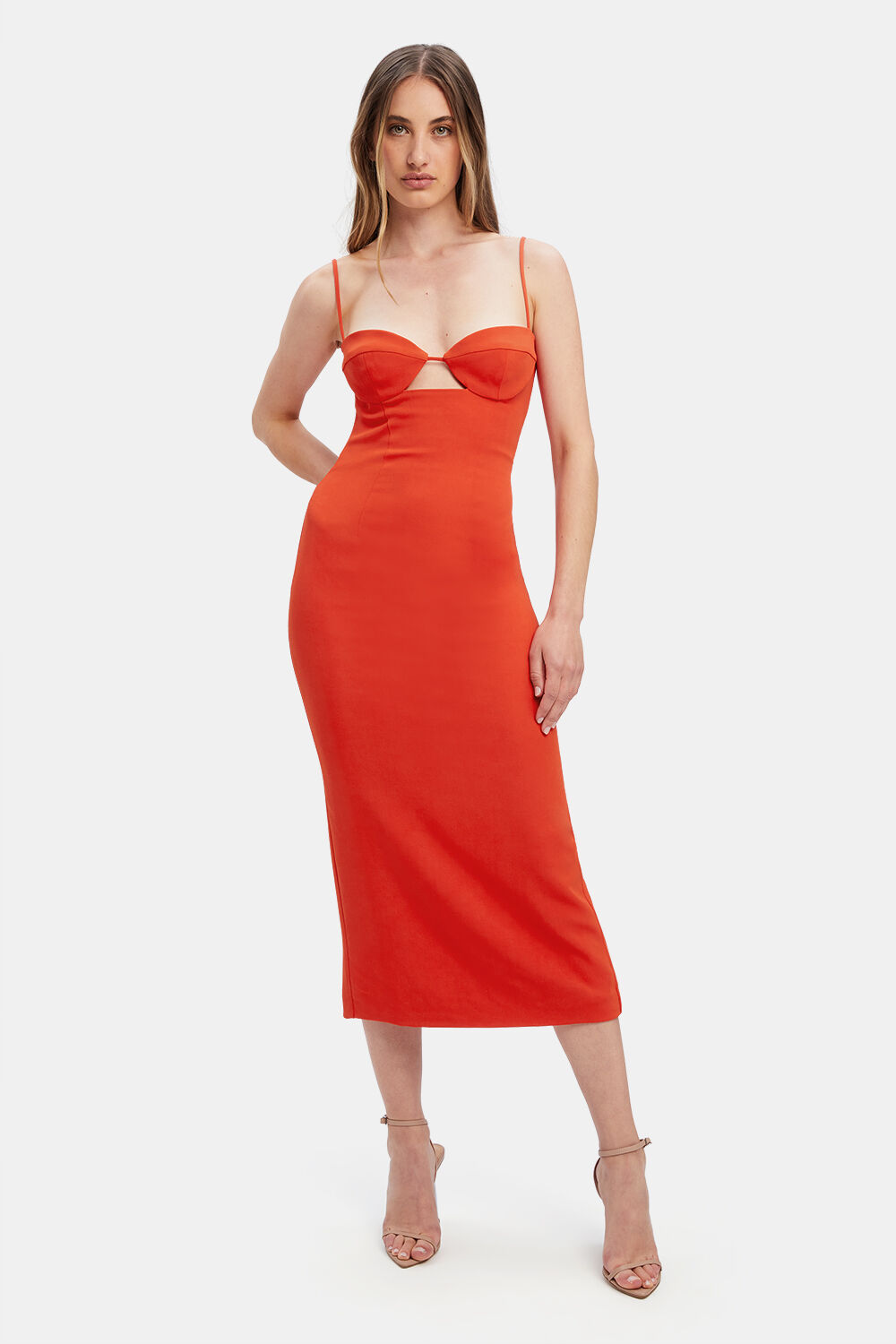 Vienna Midi Dress In Flame Orng Bardot