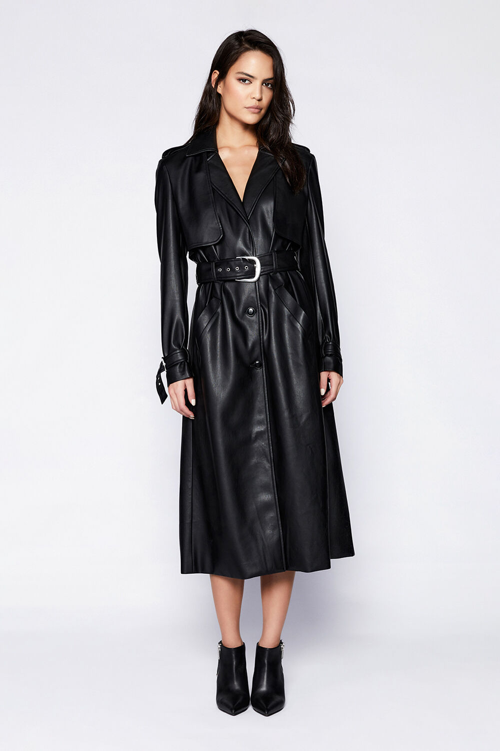 Vegan Leather Trench Coat in Black