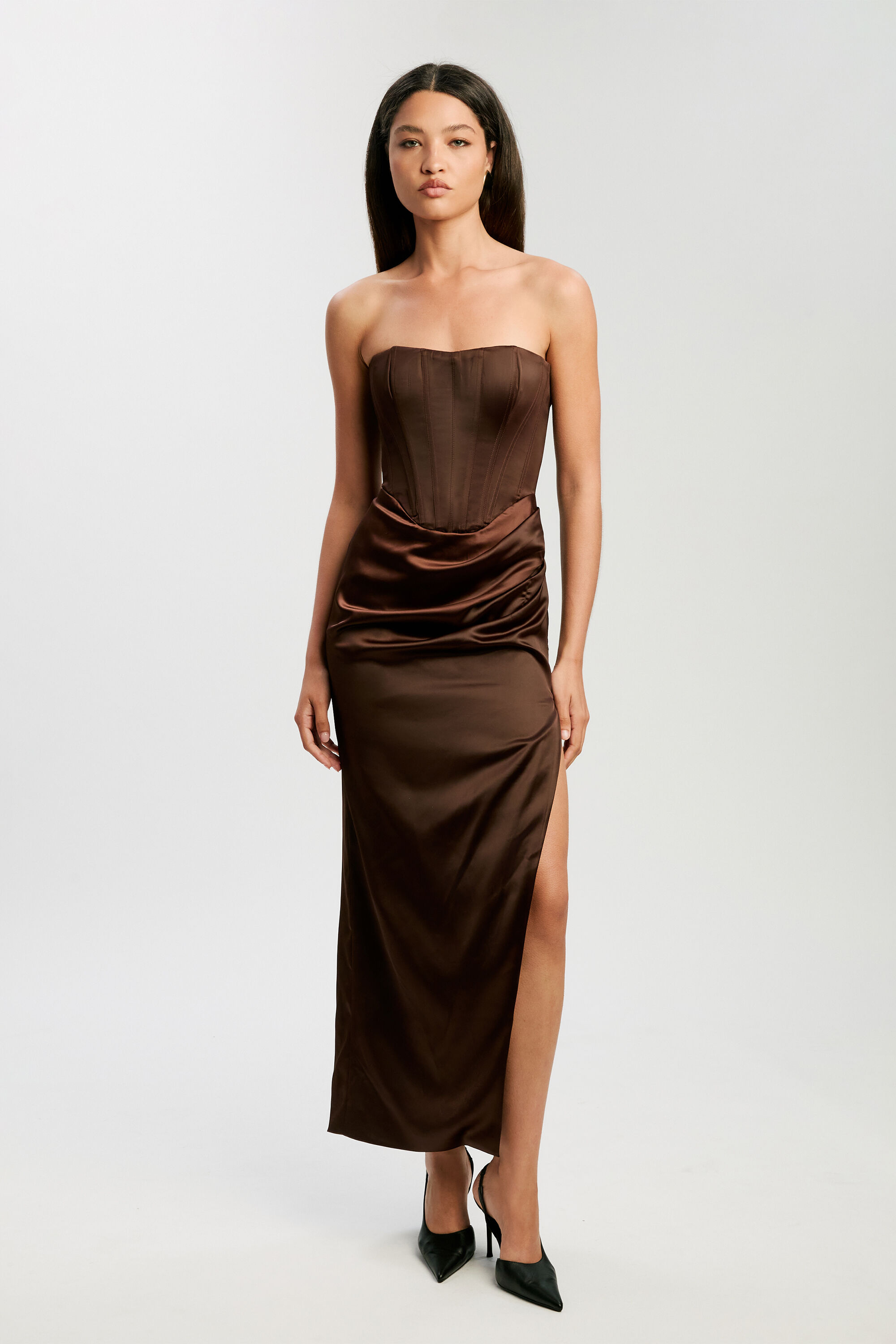 Everlasting Satin Midi Dress In Chocolate | Bardot