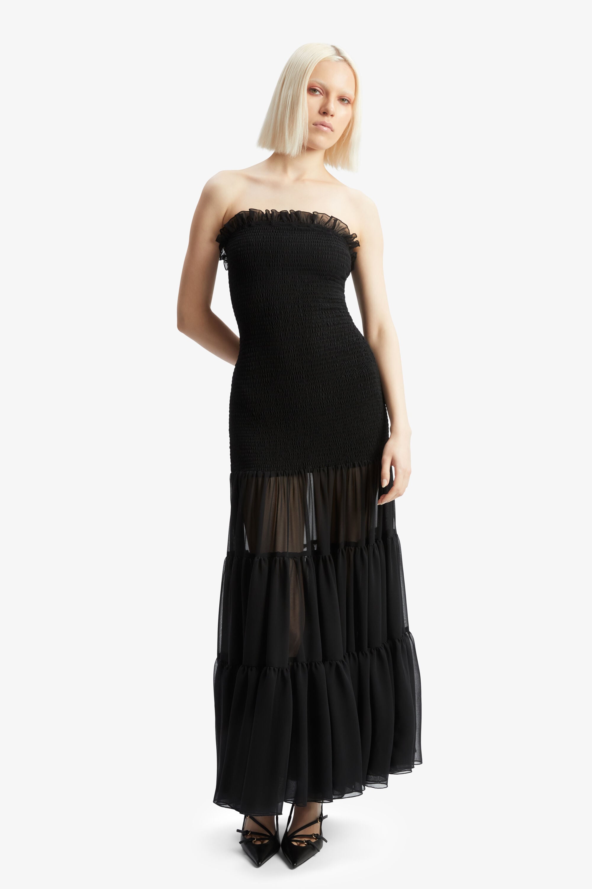 chinese dress ladies Cinematic Black Bardot Ruffled Fishtail Maxi Dress  Club L London