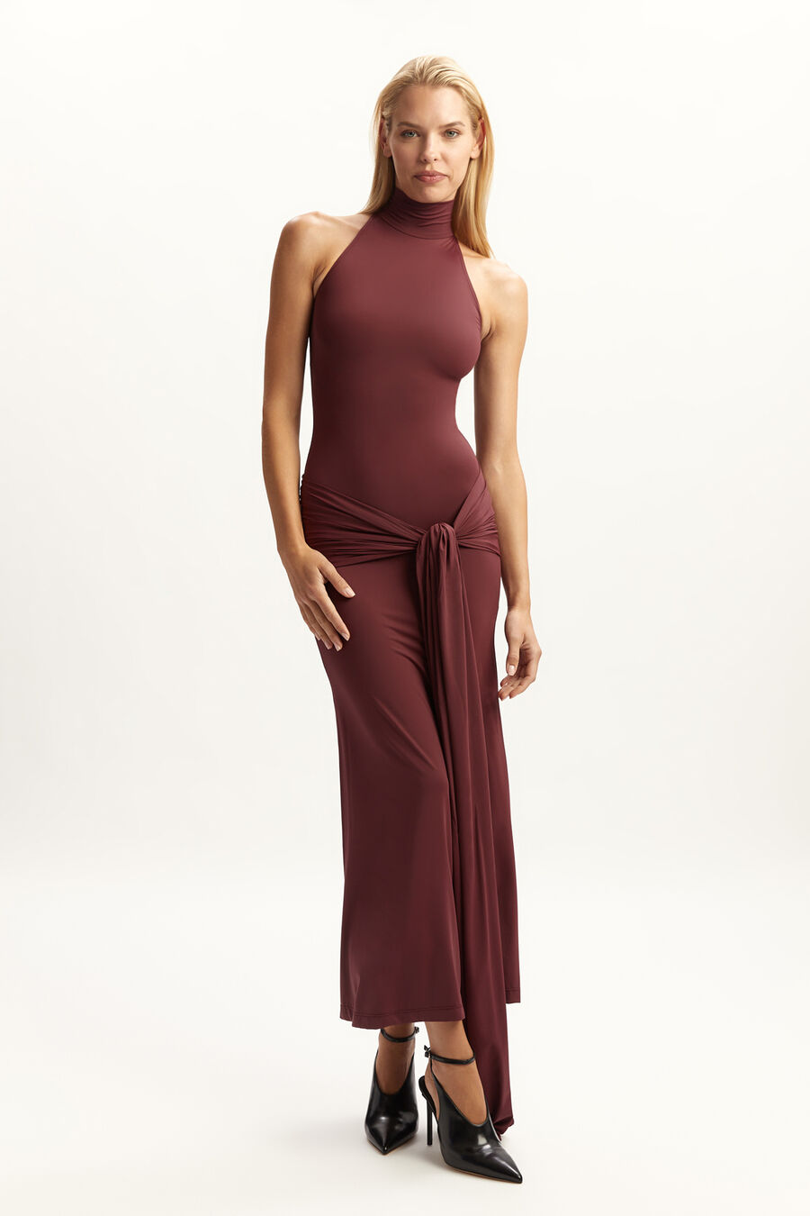 ISADORA MAXI TIE FRONT DRESS in colour DEEP PLUM