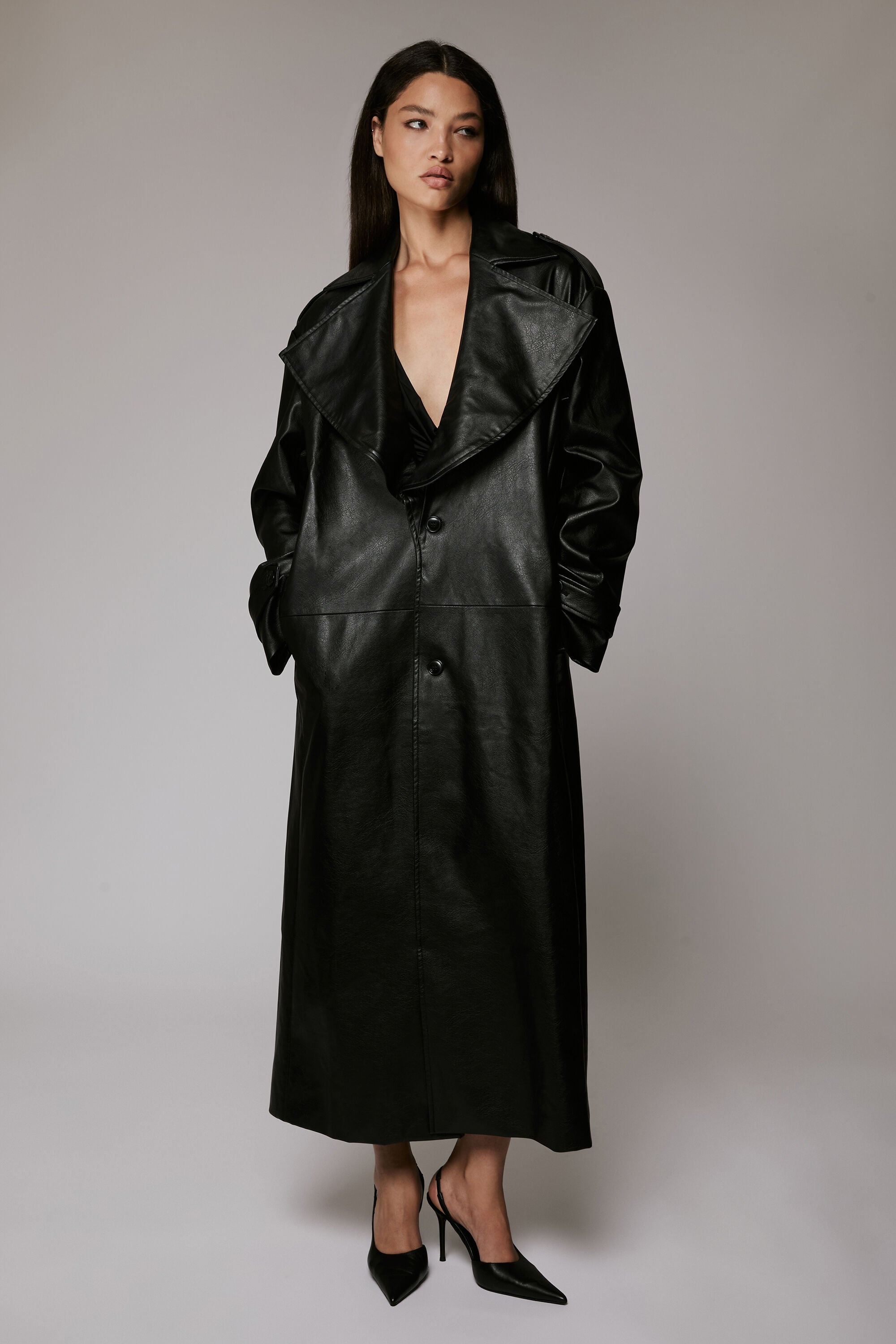 Reilia Vegan Leather Coat In Black | Bardot