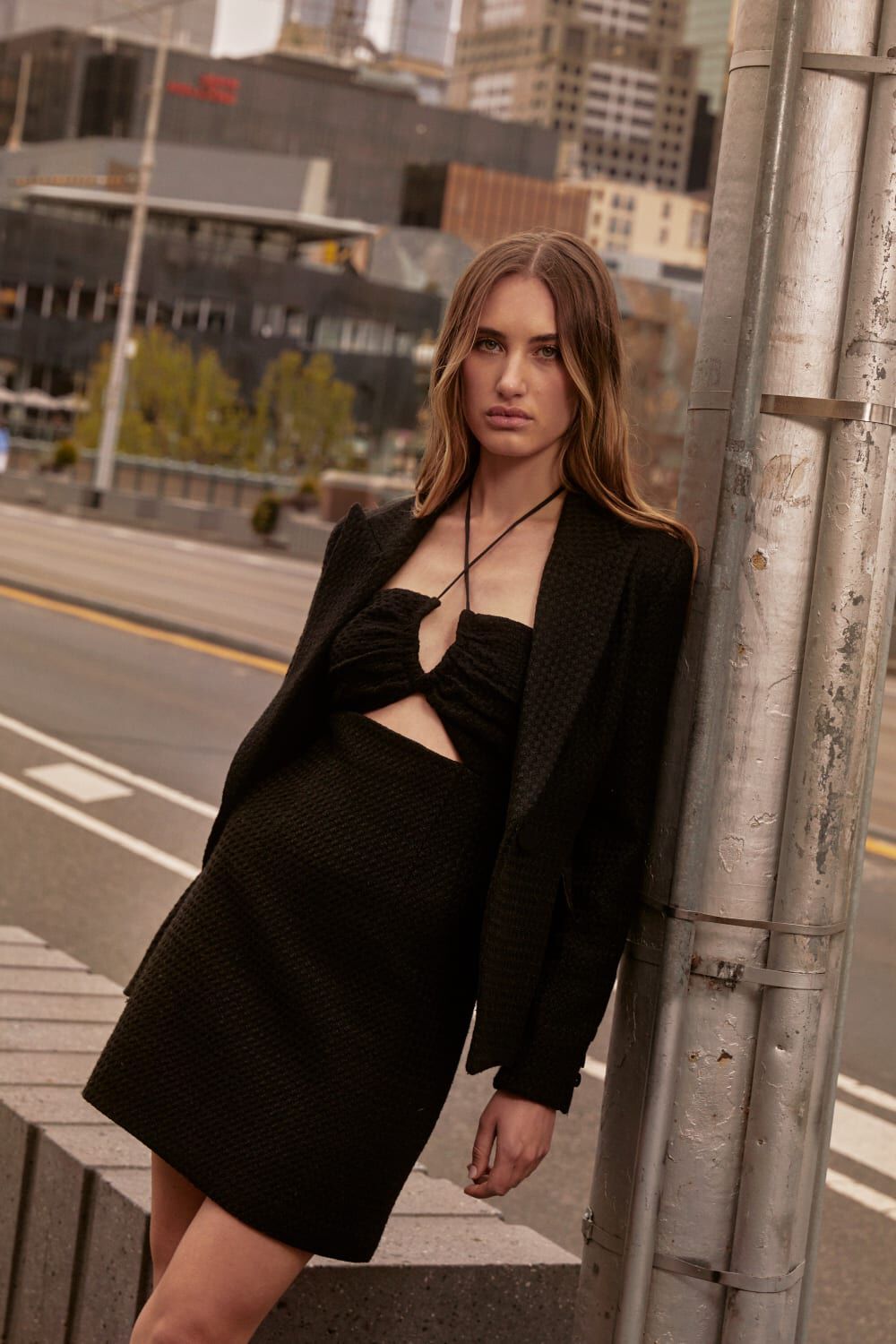 LEXI BOUCLE MINI DRESS in colour CAVIAR