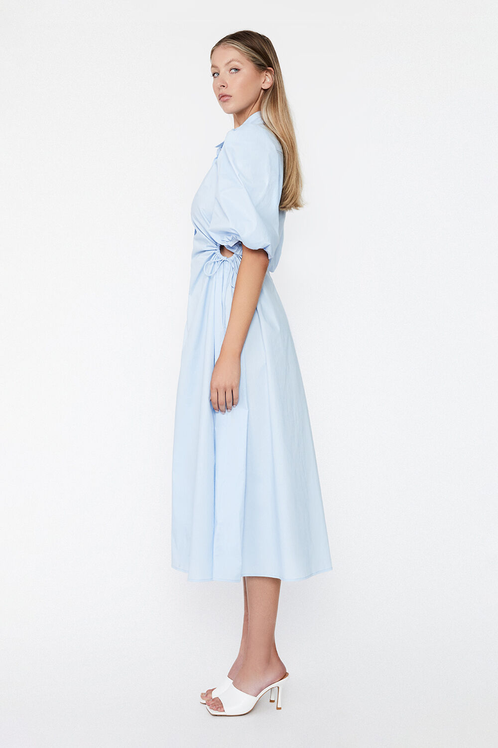 CUT OUT MIDI SHIRT DRESS in colour CERULEAN