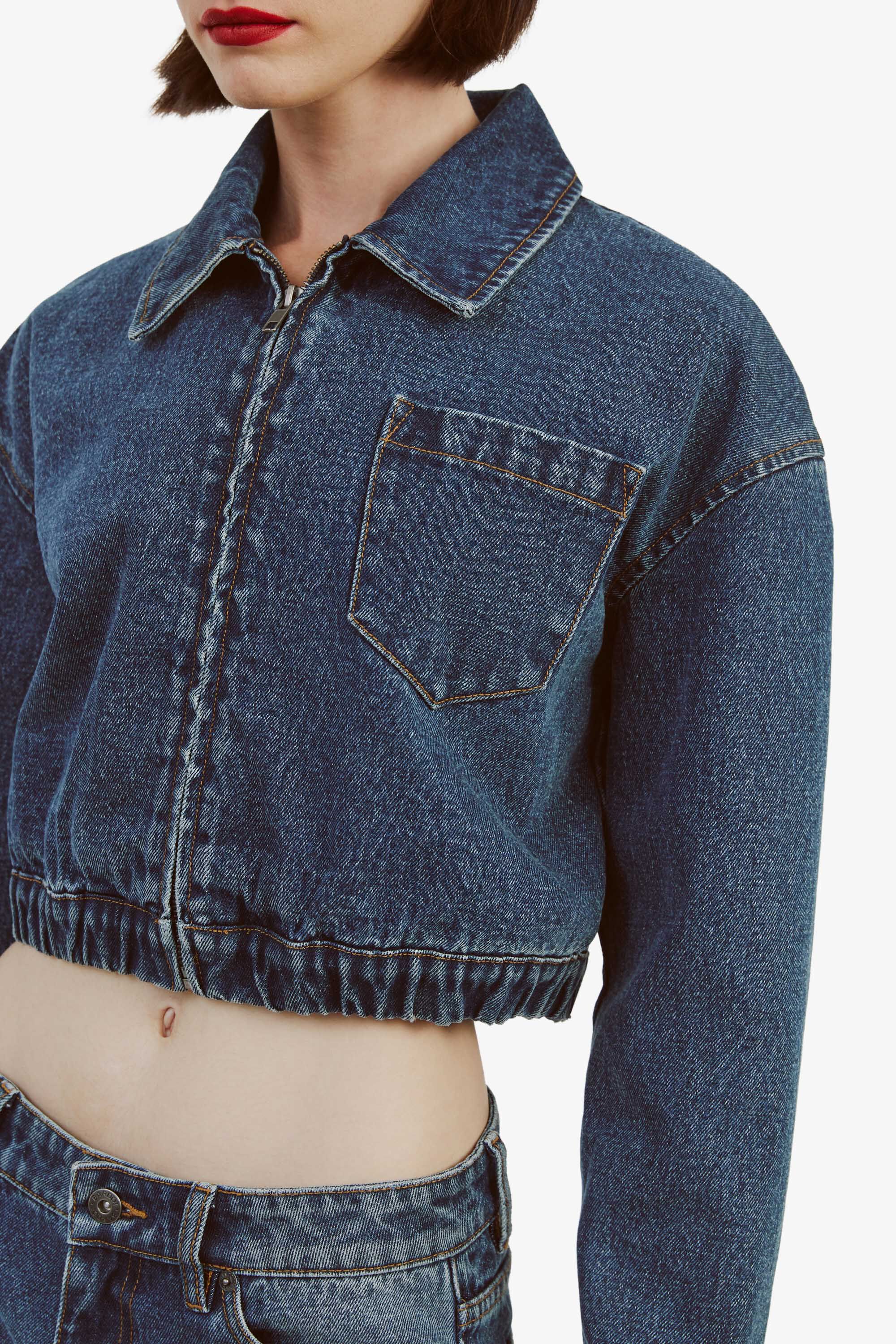 Cropped Bomber Denim Jacket In Washed Indigo Bardot