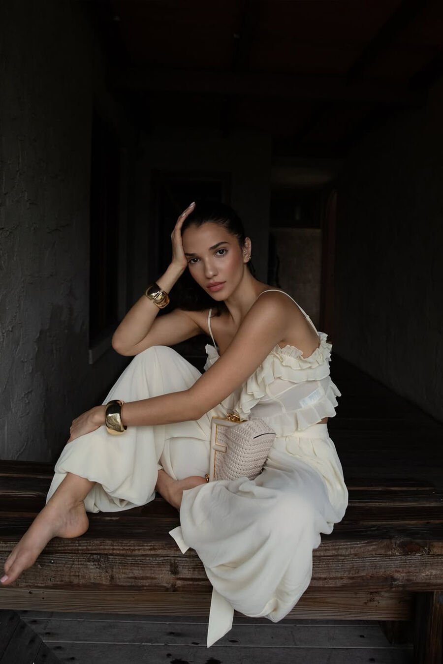 ALIRA FRILL DETAIL CROP TOP in colour SOFT BEIGE