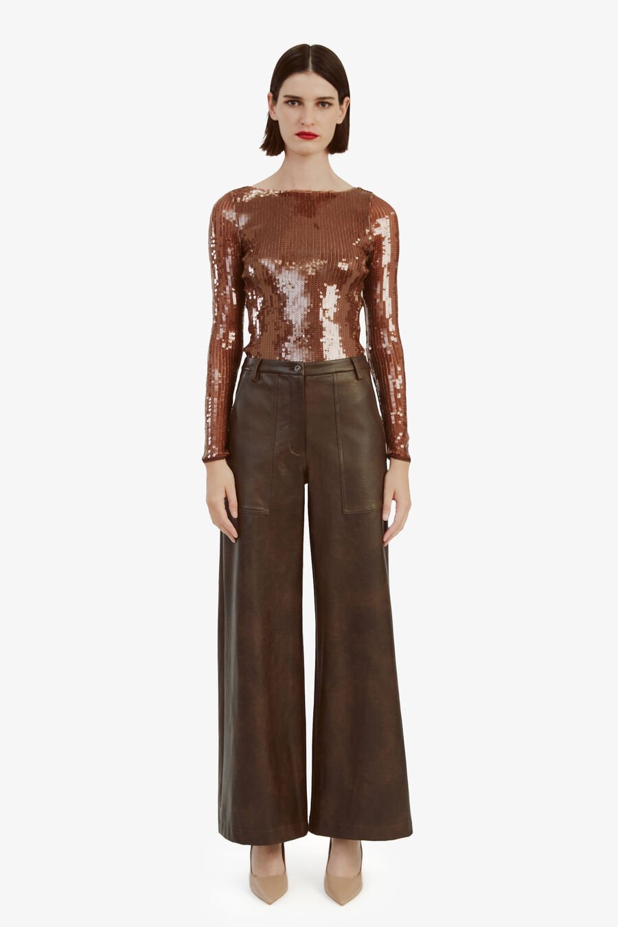 BRENNA SEQUIN BODYSUIT in colour CHOCOLATE