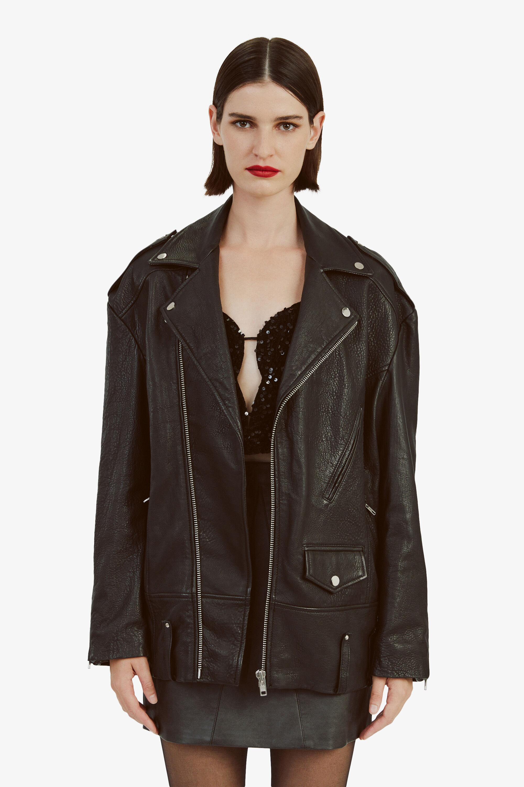 Oversized Leather Biker Jacket In Black Bardot