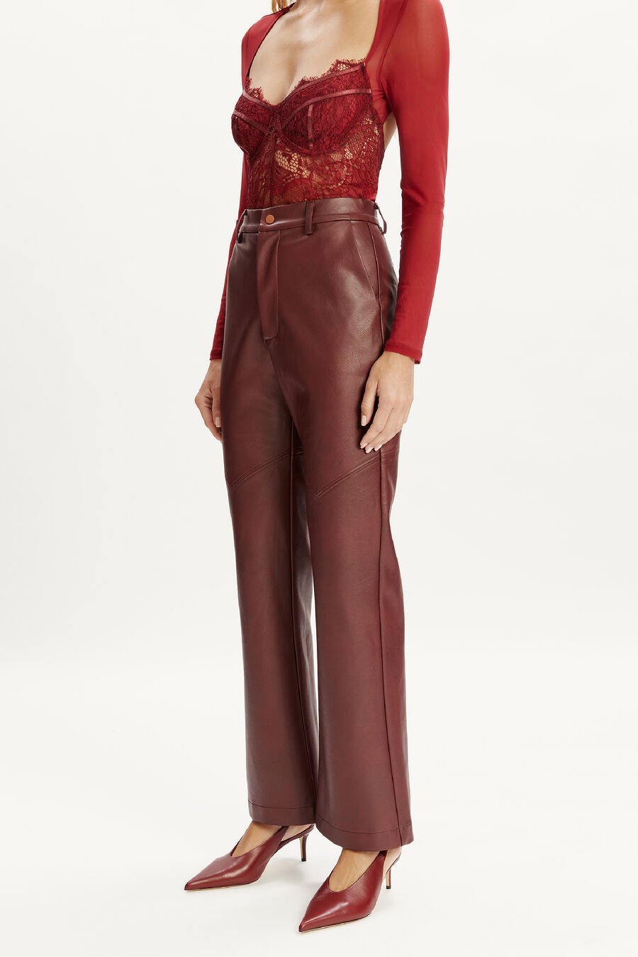 KARSON VEGAN LEATHER PANT in colour BURGUNDY