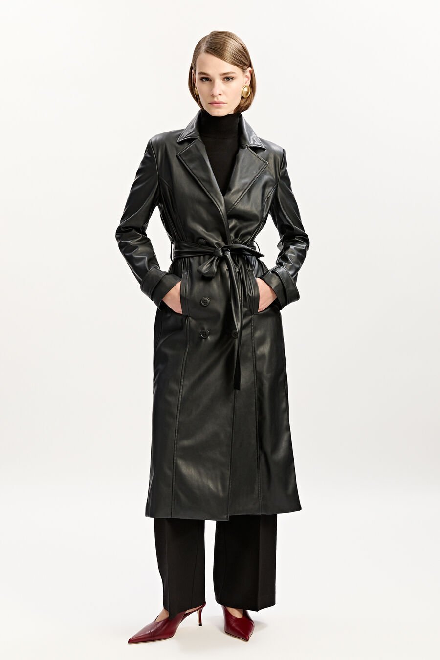 VEGAN LEATHER TRENCH COAT in colour BLACK