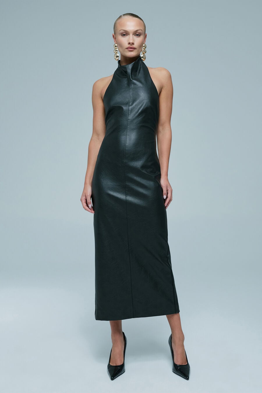 GINA VEGAN LEATHER MIDI DRESS in colour Black